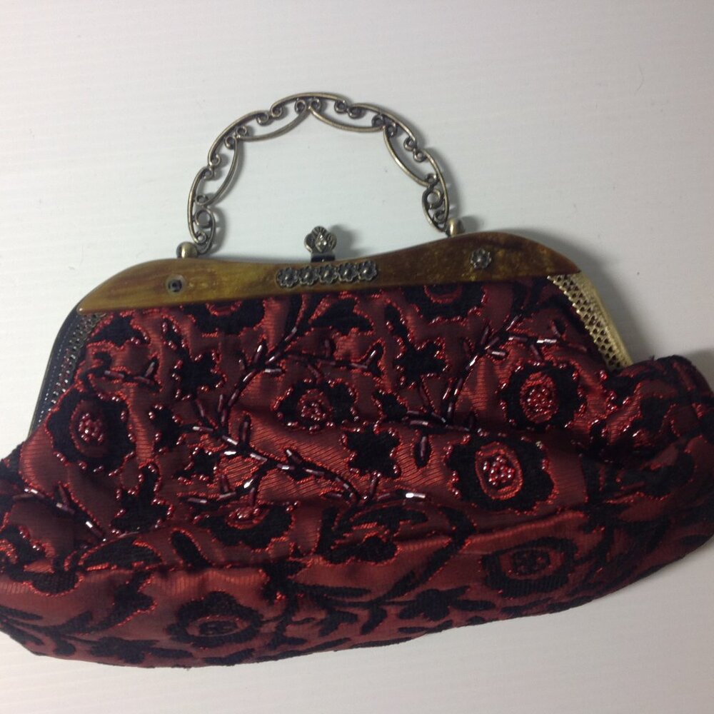 Vintage Burgundy Beaded Purse Clutch Or Strap Crossbody - No visible brand